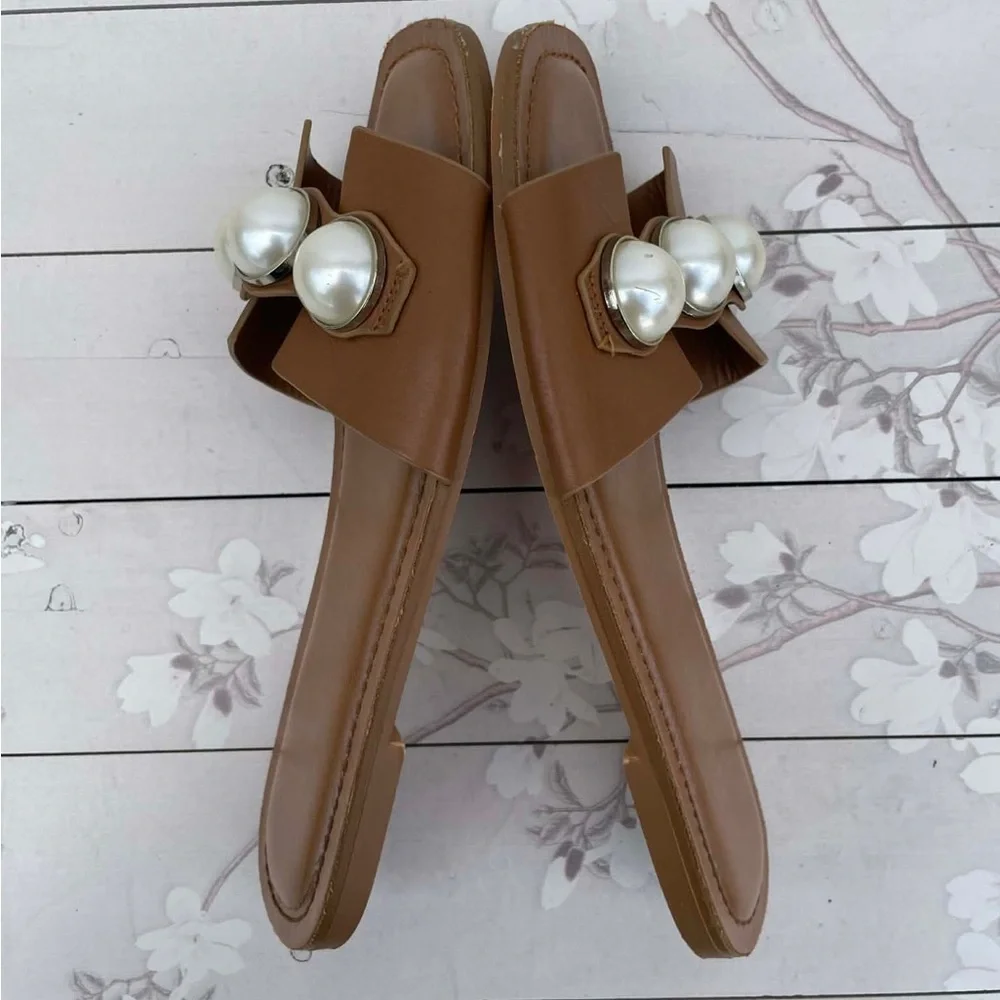 Zara Tan Slide Sandals with Pearl Accents - Picture 2 of 8
